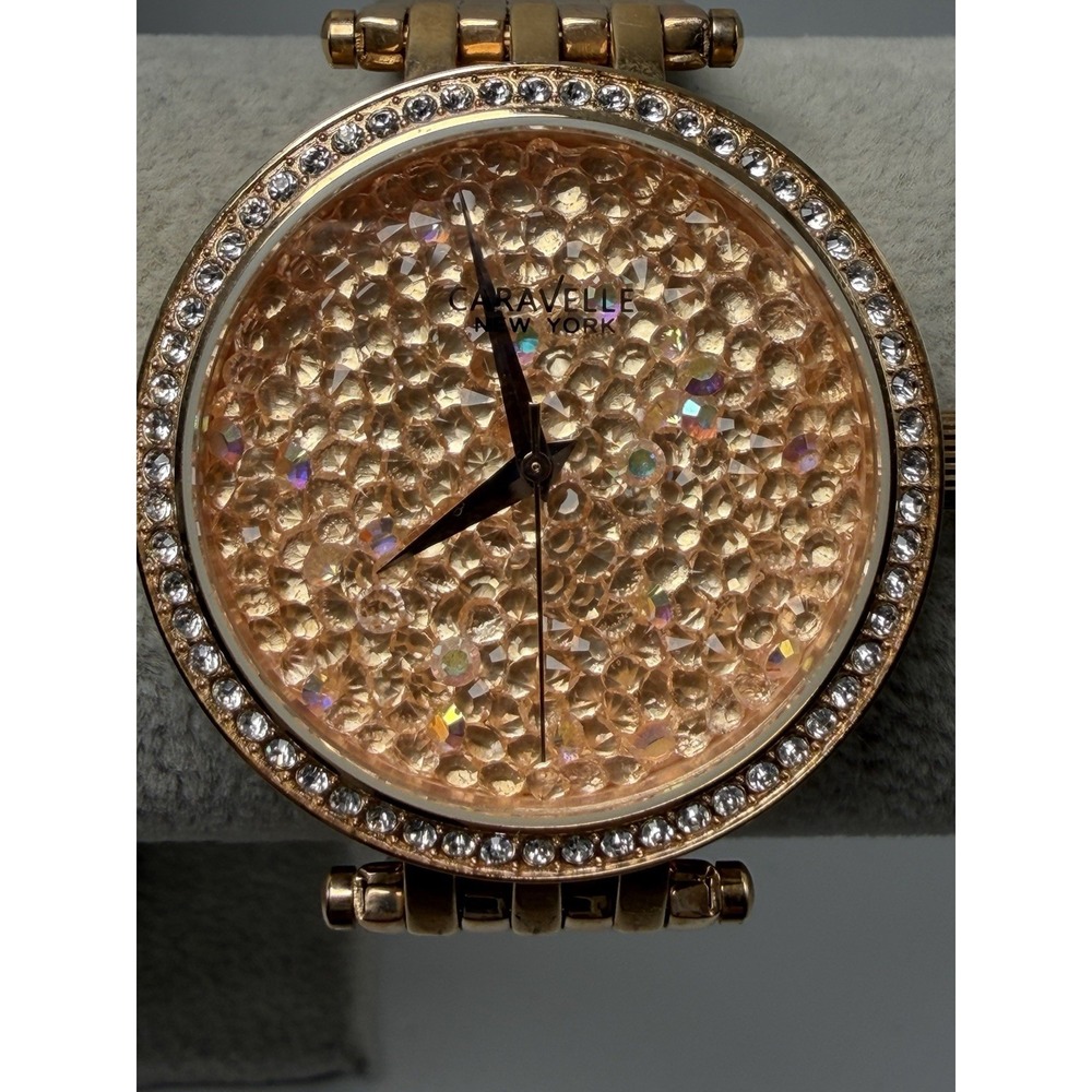 Caravelle By Bulova 44L222 New Battery Ladies Crystal Watch 38MM 7.5" Rose Gold